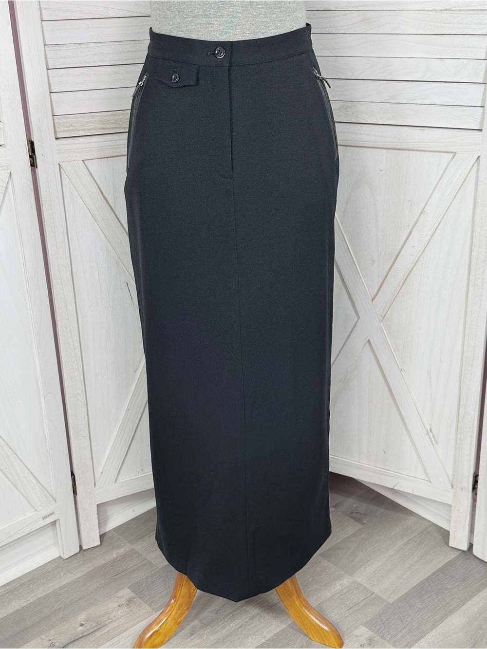 Vintage Lauren Ralph Lauren Zip Pocket Column Pencil Maxi Skirt Black Petite 6